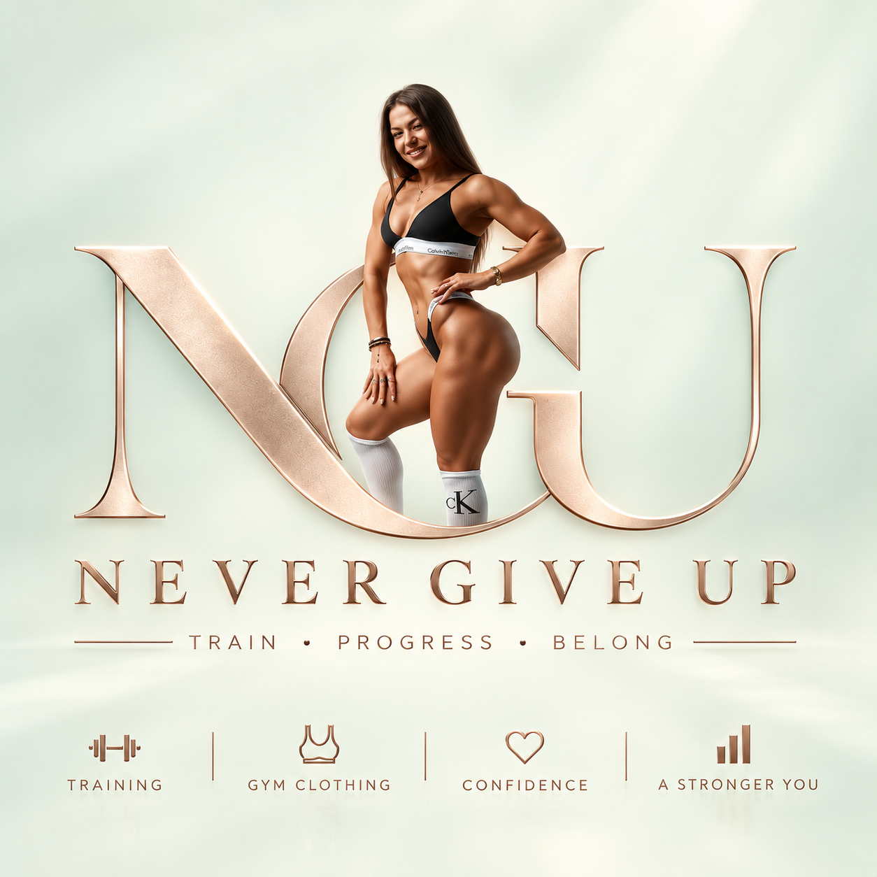 NGU Never Give Up artwork with Denisa in the middle of the NGU letters — Train, Progress, Belong